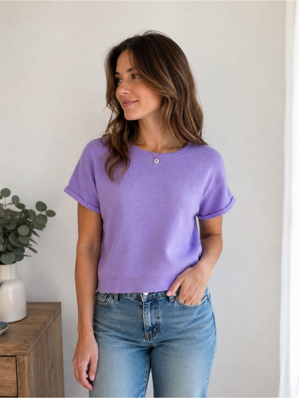 Lavender Short-Sleeve Knit Top 100% Wool VTG